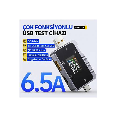 FNIRSI FNAC-28 2'si 1 Arada Tip-C USB Test Cihazı Dijital Voltmetre Ampermetre