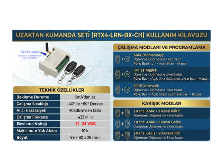 4 Kanal Kod Öğrenmeli Uzaktan Kumanda Seti (RTX4-LRN-BX-CH)