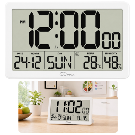 Loyka LCDBY75 Beyaz Dijital LCD Saat | Tarih, Sıcaklık ve Nem Göstergeli