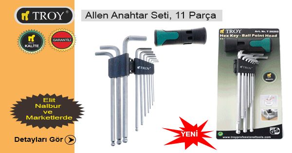 TROY 26202 Allen Anahtar Seti, (Bilya başlı, 11 Parça)
