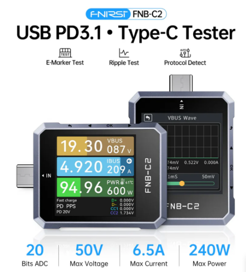 FNIRSI FNB-C2 USB Test Cihazı Type-C PD 3.1 Güç Ölçer
