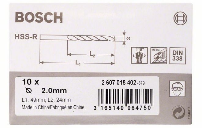 Metal matkap ucu HSS-R, DIN 338 2.0mm (10 adet)