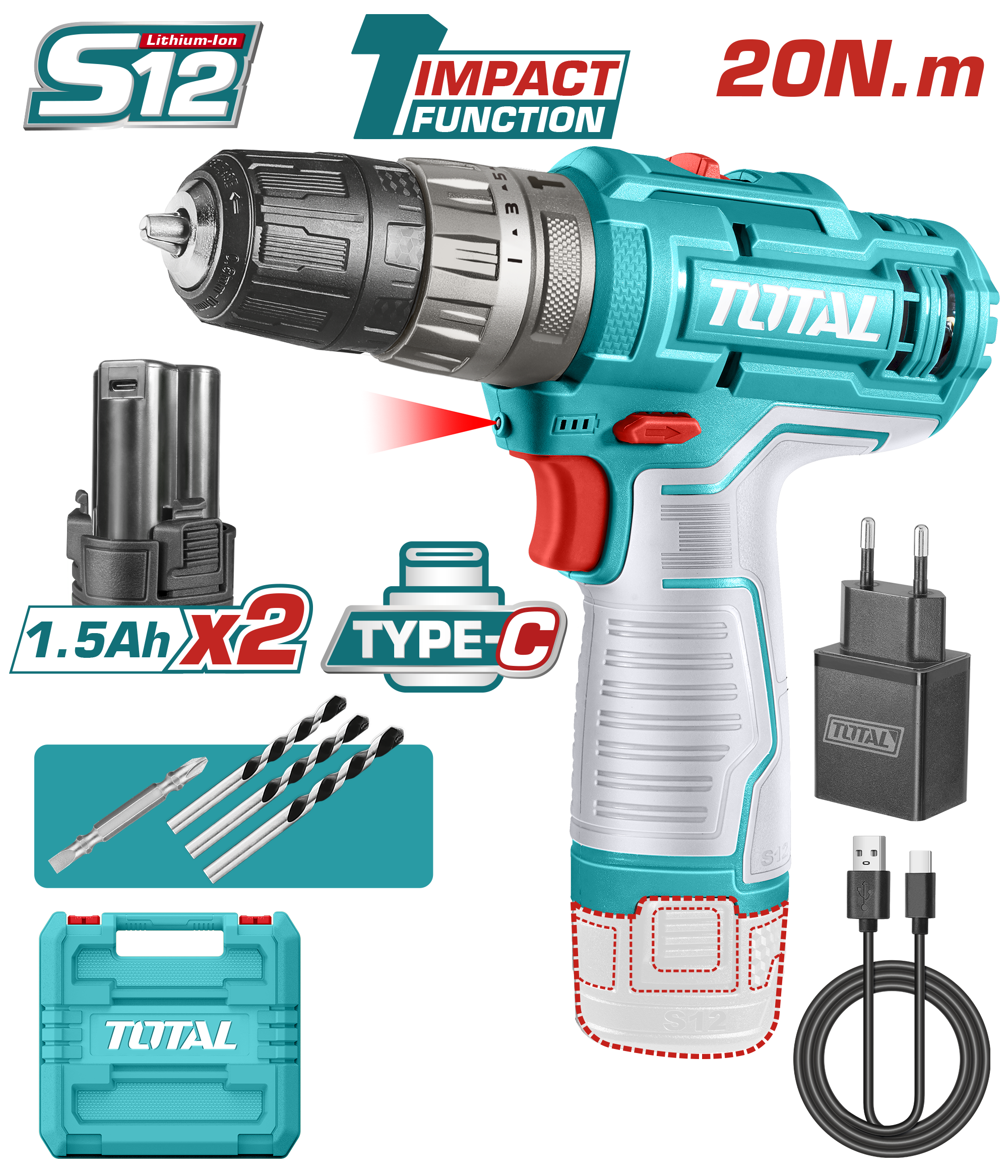 TOTAL LI-ION AKÜLÜ DARBELİ MATKAP  TIDLI122028