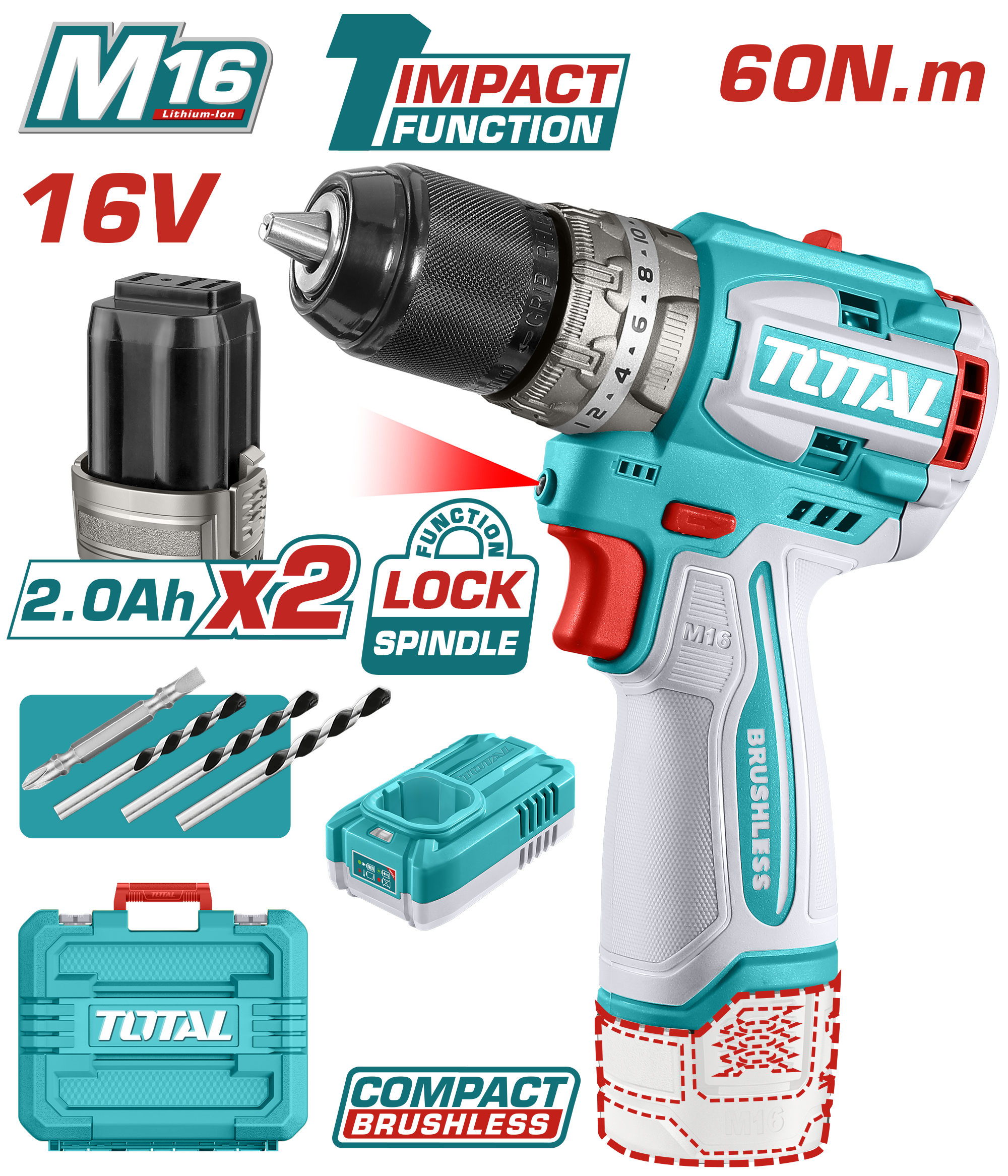 TOTAL LI-ION AKÜLÜ KÖMÜRSÜZ DARBELİ MATKAP  TIDLI16682