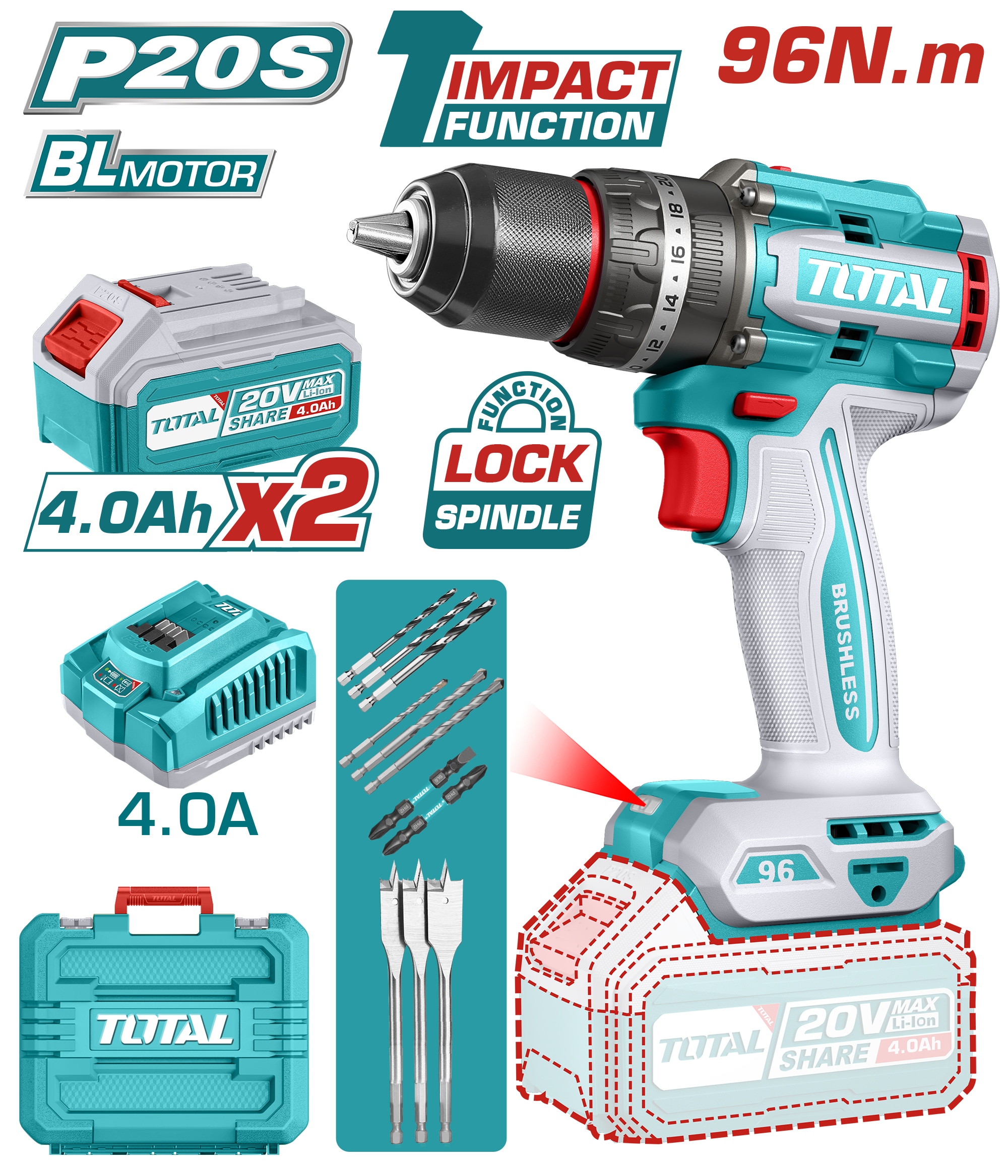 TOTAL LI-ION AKÜLÜ KÖMÜRSÜZ DARBELİ MATKAP  TIDLI20968E
