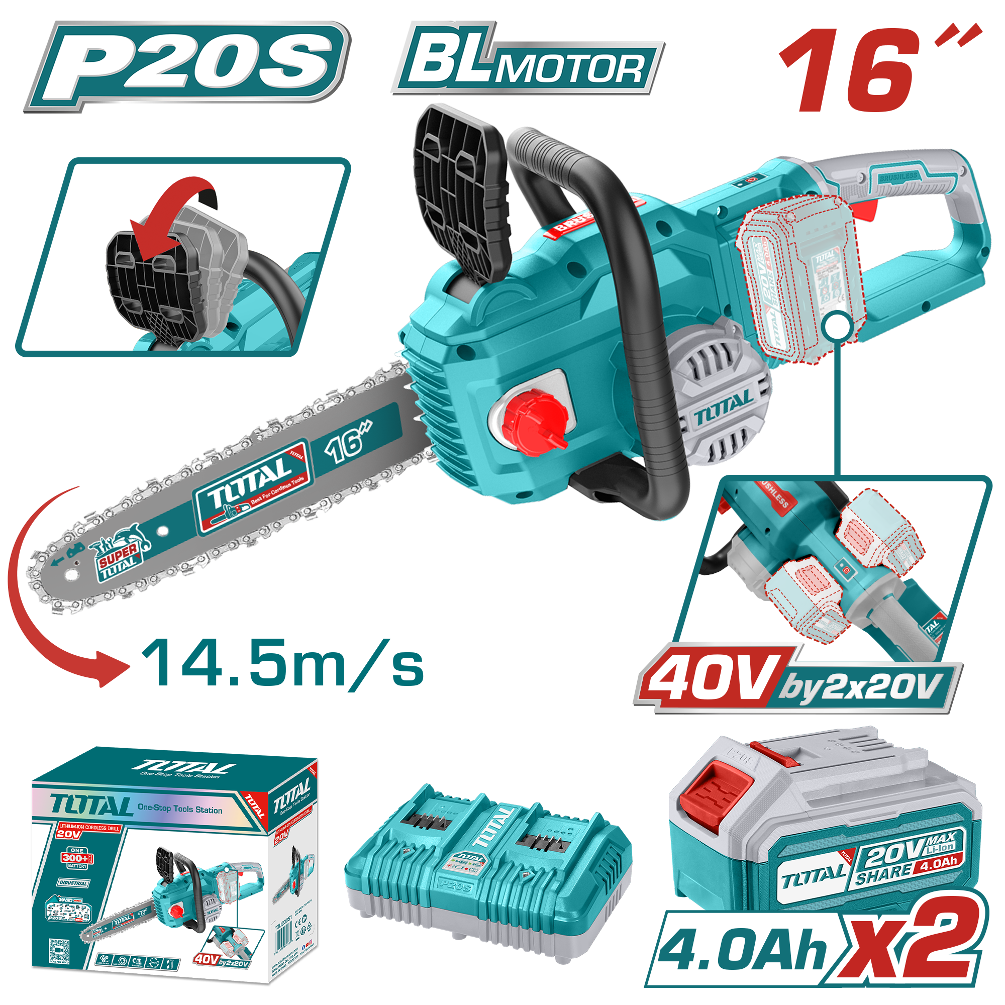 TOTAL  LI-ION AKÜLÜ KÖMÜRSÜZ ZİNCİRLİ TESTERE  TGSLI401682