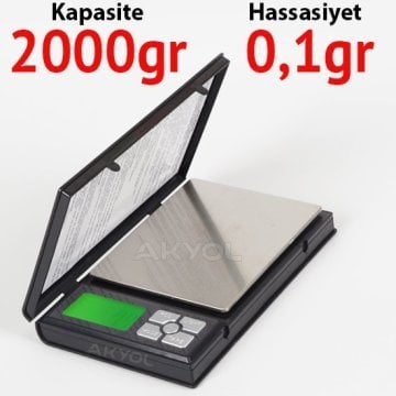 Notebook Kapaklı Cep Terazisi - Hassasiyet: 0,1 gr. Max: 2000 gr.