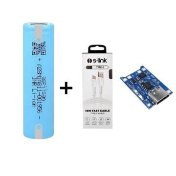 Aspilsan18650-3.7V 2800 Mah + 3A Type-C Hızlı Data Sarj/Kablosu + Type-C Korumalı Batarya Şarj Devresi