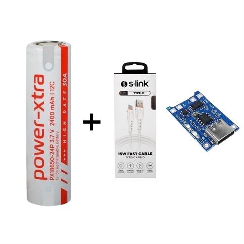 Power-Xtra 18650-24P 2400 Mah + 3A Type-C Hızlı Data Sarj/Kablosu + Type-C Korumalı Batarya Şarj Devresi