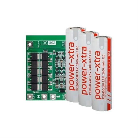 Power-Xtra PX18650-24P - 3.7V 2400 Mah Li-İon Şarjlı Pil - 12C - 30A  3 Lü  (+ - Pinli) + Koruma Devresi