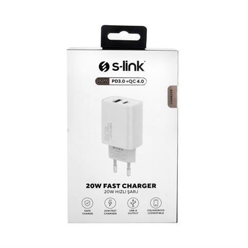 S-Link SL-EC60 20W PD3.0/Quick Charge QC3.0 Type USB-C + USB A Hızlı Beyaz Şarj Adaptör