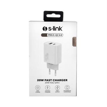 S-Link SL-EC60 20W PD3.0/Quick Charge QC3.0 Type USB-C + USB A Hızlı Beyaz Şarj Adaptör