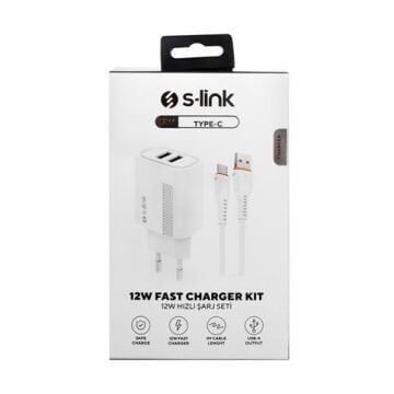 S-Link SL-EC50 (SL-EC50T) 5V 2400MA Type-C Kablolu 2 USB Çıkışlı Beyaz Ev Şarj Adaptörü