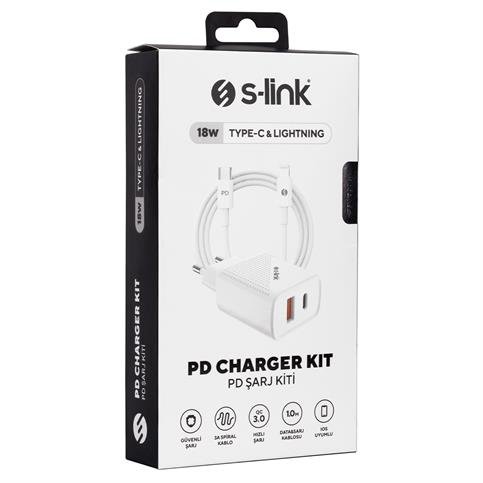 S-Link SW-C1130X Lightning PD Kablo 18W PD3.0/Quick Charge QC3.0 Type USB-C +USB A Beyaz Hızlı Şarj Adaptörü