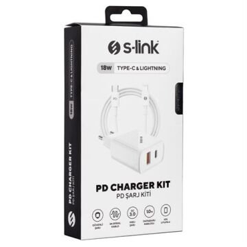 S-Link SW-C1130X Lightning PD Kablo 18W PD3.0/Quick Charge QC3.0 Type USB-C +USB A Beyaz Hızlı Şarj Adaptörü